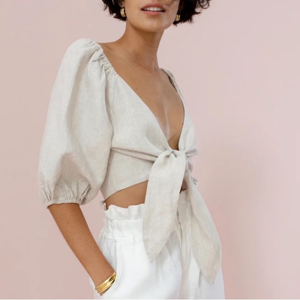 New POSSE 100% Linen Wrap Top In Natural Linen Colour